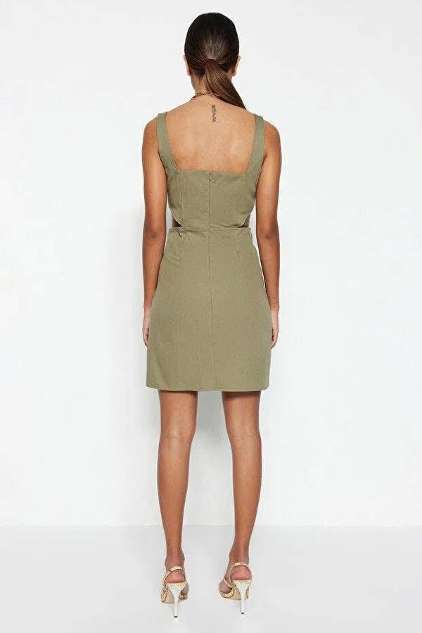 WOVCOR A-Line Mini Cotton Waist Cut-Out Square Neck Lined Woven Dress