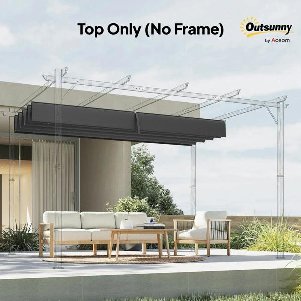 Dark grey retractable pergola cover top with side support arms