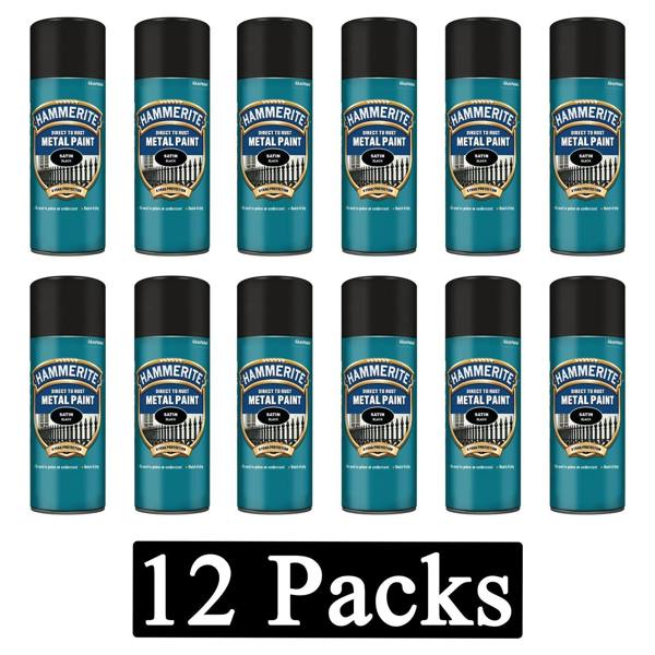 Hammerite 12X Hammerite Satin Black Spray Paint 400ml