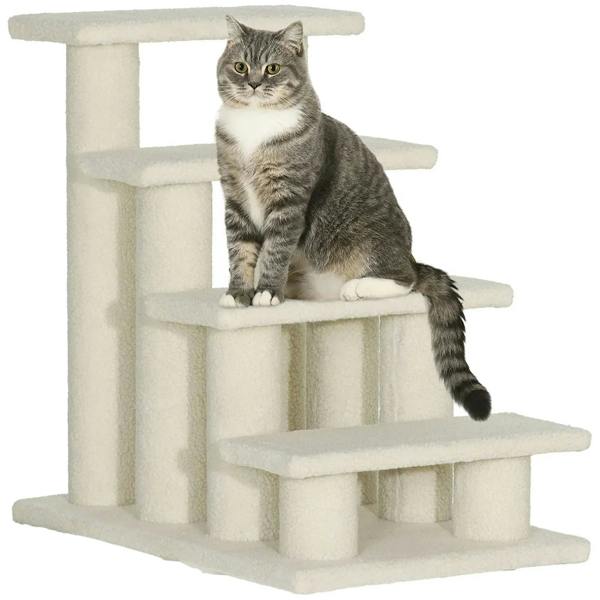 Cream 4-step pet stairs with plush steps and side posts for dogs and cats