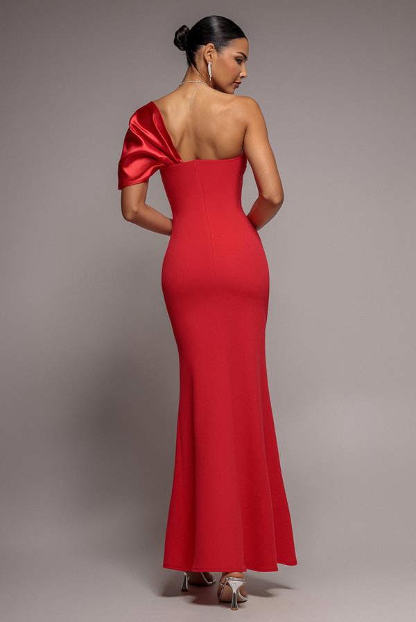 Off The Shoulder Satin Bow Neck Maxi Dress - Red DR5073