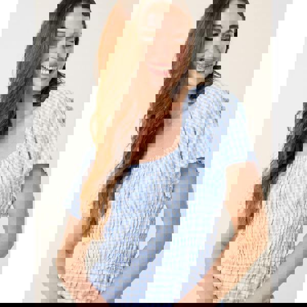 Blue Vanilla Shirred Gingham Midi Dress