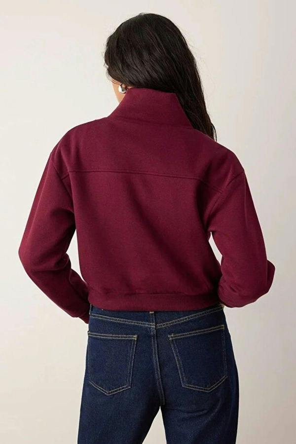 WOVCOR Stand Collar Half Zipper Crop Knit Sweatshirt with Thick Fleece Inside