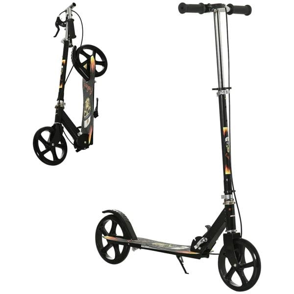 Black kids foldable kick scooter with four big wheels and graphic deck