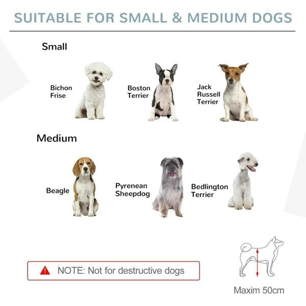 White wooden pet gate suitable for small and medium dogs, shown with size guidance