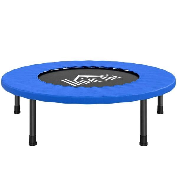 Blue mini fitness trampoline with black center jumping mat and safety pad, four black legs