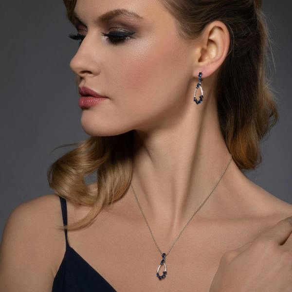 Sterling Silver Drop Pendant Necklace for Women with Blue Stones and Cubic Zirconia Gemstones - namana.london
