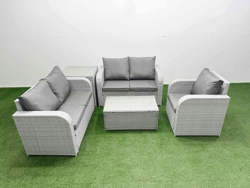 Fimous High Back Poly Rattan Garden Furniture Set - Light Grey Indoor/Outdoor Patio Set with Reclining Chair & Rectangular Coffee Table