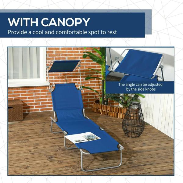 Blue folding sun lounger with canopy shade and side lock angle adjustment