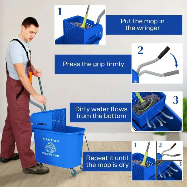 Blue mop bucket with wringer basket on wheels for wringing mop water