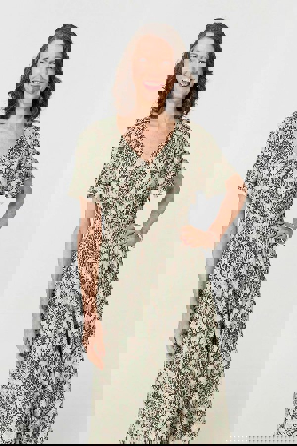 Green | Printed Smocked Short Sleeve Midi Dress
