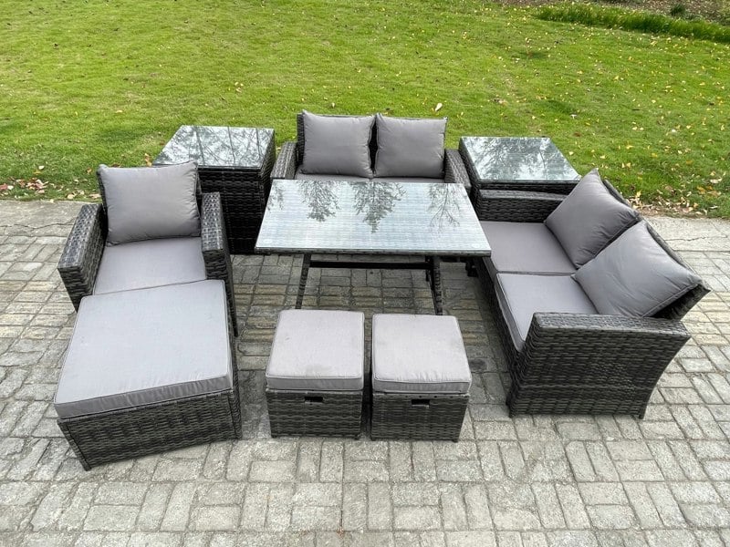 Fimous Garden Dining Set - Dark Grey Mixed PE Wicker Rattan Outdoor Sofa with Rectangular Dining Table & 3 Footstools