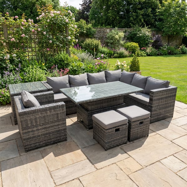 Fimous 9 Seater Rattan Height Adjustable Rising Lifting Table Corner Sofa Sets with Chair Side Table 2 Small Stools Dark Grey Mixed