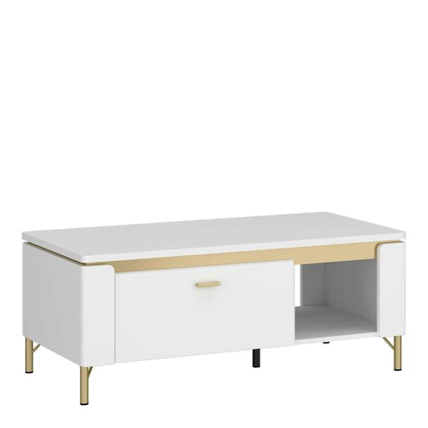 Wyld Haus Maribo Matt White Coffee Table 1 Drawer Gold Metal Legs
