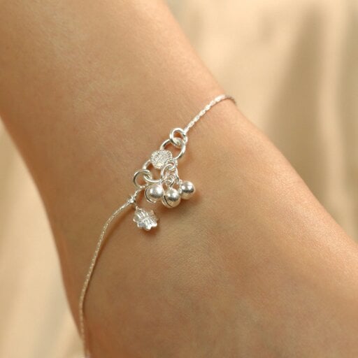 The Colourful Aura 925 Silver Pink Silver Round Ball Thin Payal Anklet