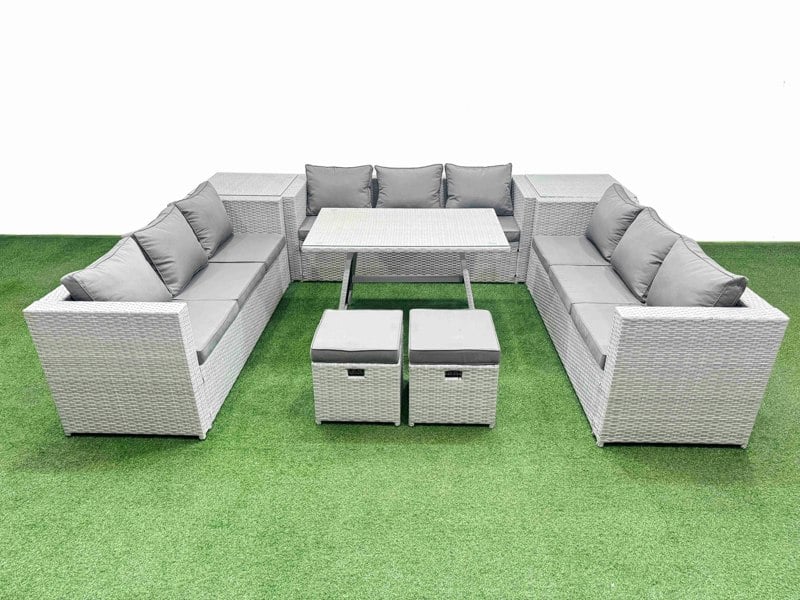Fimous 11 Seat Outdoor Patio PE Rattan Garden Furniture with Cushions 3 Seater Sofa 2 Side Tables 2 Small Stools Light Grey