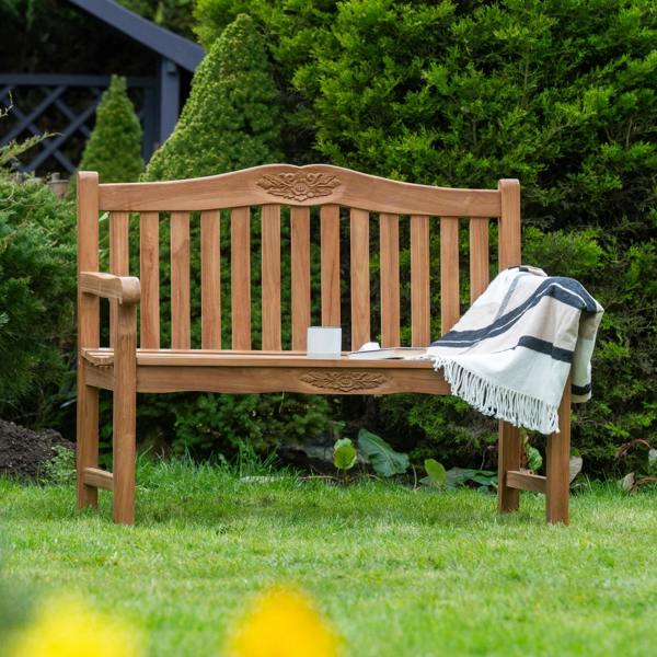 The Garden Marketplace Solid Teak 2 Seater Garden Bench with Flower & Leaf Carvings