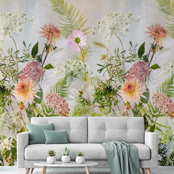 Grandeco Meadow Floral 3 panel repeatable Textured Mural, 1.59 x 2.8m