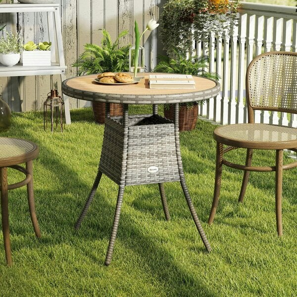 Outsunny Outdoor PE Rattan Dining Table w/ Wood-plastic Composite Top, Natural - 70 x 70 x 73 cm - Not applicable - Mixed Grey, Natural Wood Finish