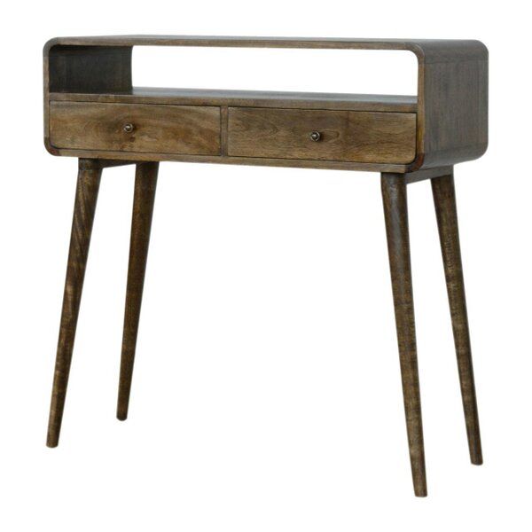Wyld Haus Trapani Curved Grey Washed Mango Wood Console Table 2 Drawers Open Shelf