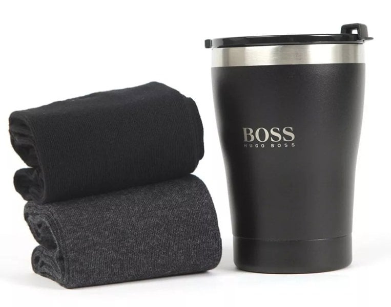 Hugo Boss Gift Set - 2 Pairs Men's Socks UK Size 6-11 (Grey and Black) with Thermal Mug