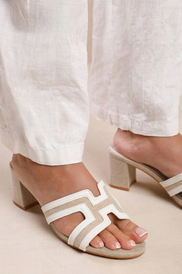 Where's That From Drama Cut Out Strap Block Heel Sandals in White Faux Leather