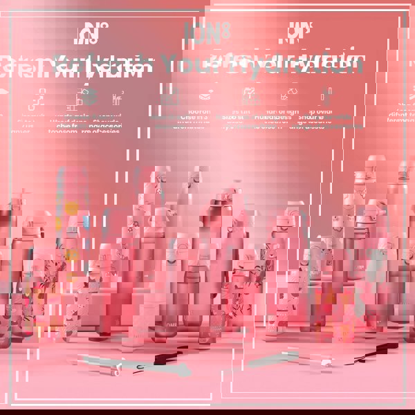 Pink ION8 water bottles, various sizes and designs, are displayed on a pink surface; accompanying text advertises material choices, sizing options, design variety, and accessories.