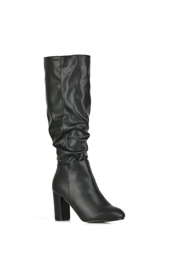 XY LONDON Ruched Zip-up Block Heeled Knee Calf Boots