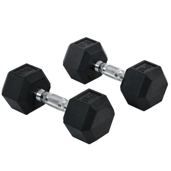 Black rubber hex dumbbell set with knurled steel handle, multiple weights