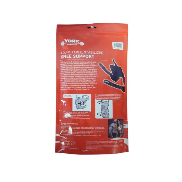 Back packaging on York Barbell adjustable stabilised knee support