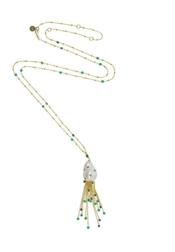 Latelita Polka Dot Baroque Pearl Tassel Necklace Gold Emerald