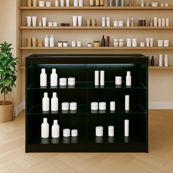 Black LED retail shop counter K1200 with glass shelves displaying white containers, set against a warm-toned wall and wooden shelves