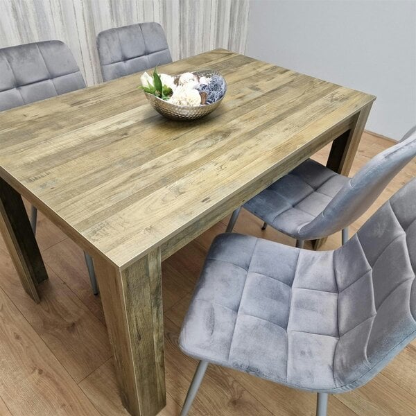 Kosy Koala Dining Table and 4 Chairs Rustic Effect Wood Table 4 Grey Velvet Chairs Dining Room