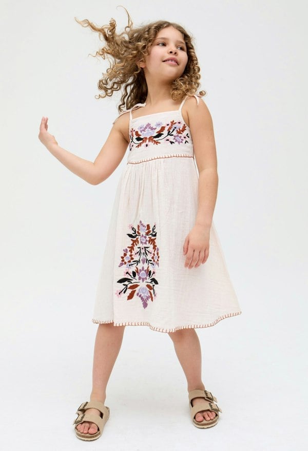 Kids Furla Smocked Panel Embroidered floral Dress In Cream - image 3