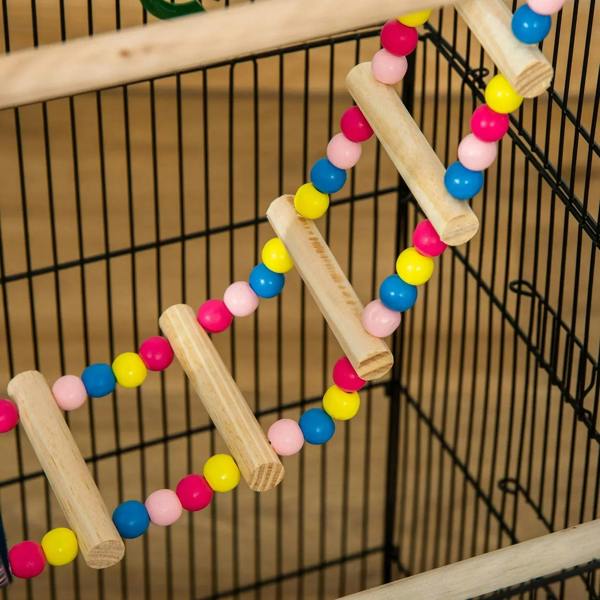 Hanging bird cage toy with wooden perches and colorful bead string
