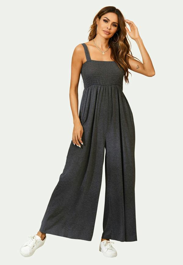 FS Collection Strappy Bardot Loungewear Jumpsuit In Charcoal Grey