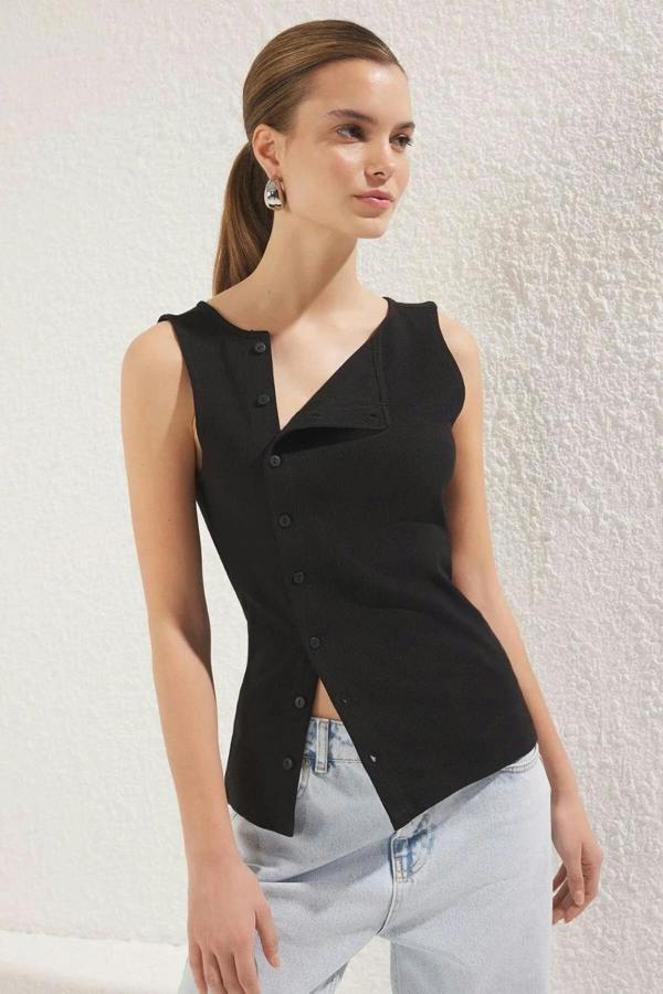 Hoxton Gal Buttoned Asymmetric Fitted Ribbed Stretch Knit Blouse