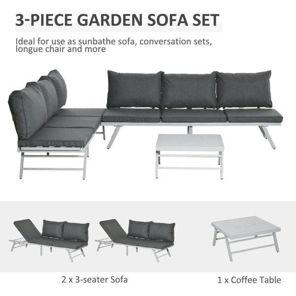 Grey 3-piece garden sofa set with chaise section and slatted metal coffee table