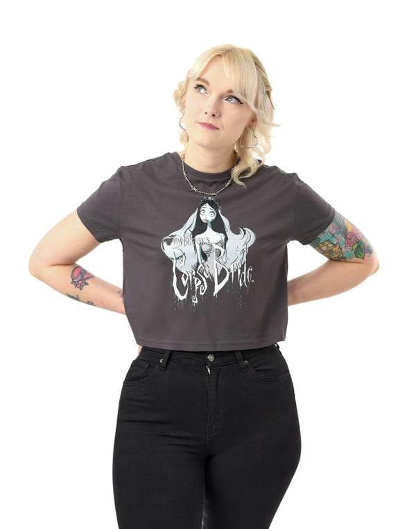 Corpse Bride Womens Grey Character Cropped Short Sleeved T-Shirt