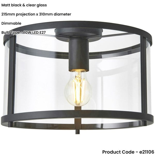 Flush Ceiling Light & 2x Matching Wall Lights - Matt Black Clear Glass Shade