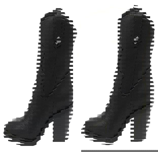 Rocket Dog Feather Womens Classic Cowboy Pull On Western Boots, black leather ankle cowboy boot with a pointed toe and chunky heel.