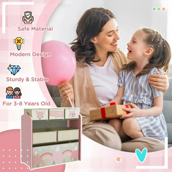Pink kids storage shelf with fabric bins and two children placing toys inside