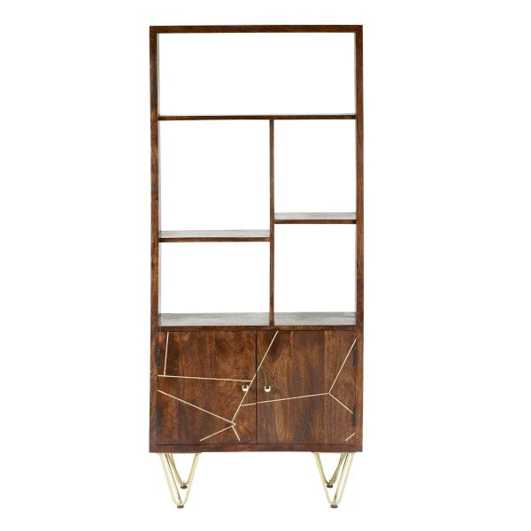 Wyld Haus Bandung Dark Mango Wood and Gold Large Bookcase 2 Door 5 Shelves