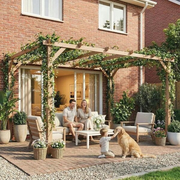 4 x 3 m Wooden Pergola Kit, Garden Pergola Gazebo Grape Trellis with Triangle Supports, 6 Beams, Maple Wood-effect - Maple wood-effect