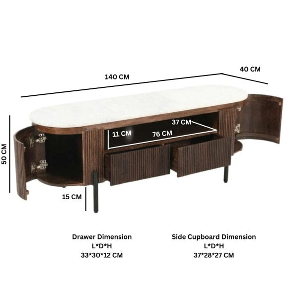 Wyld Haus Alabama Ribbed Mango Wood TV Cabinet With Marble Top and Metal Legs