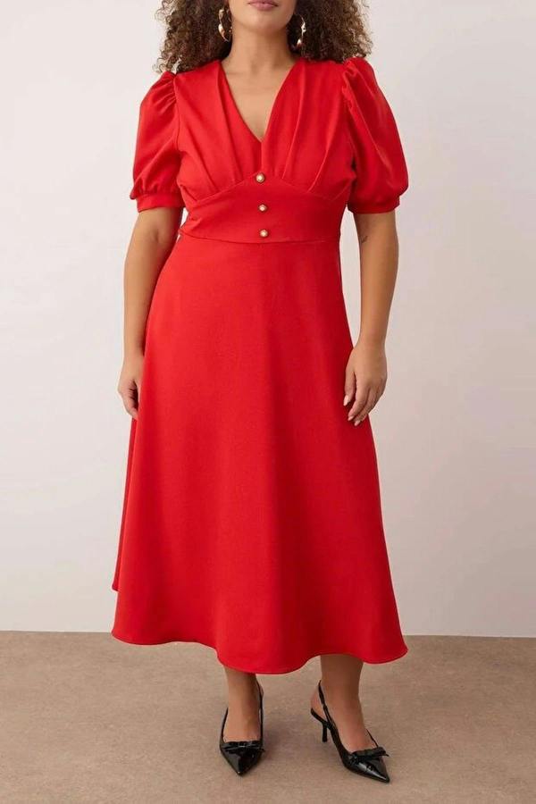 WOVCOR V-Neck Balloon Sleeve Pearl Button Midi Elegant Woven Plus Size Dress