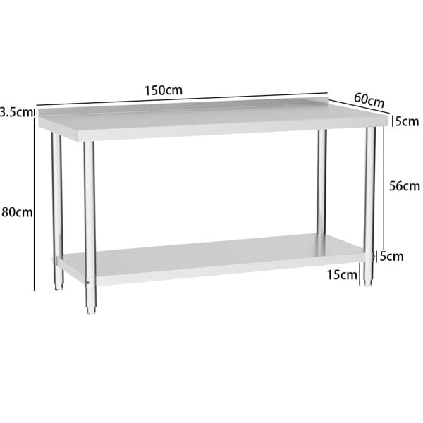 2 Tiers Commercial Kitchen Prep Table Stainless Steel Work Table Commercial Work Tables Living and Home 1500 mm With Backsplash