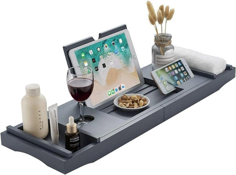 MANTRARAJ Bamboo Bath Tray Extendable Bath Caddy Trays for Bathtub Accessories with Tablet Slots Candle Cup Holder Grey