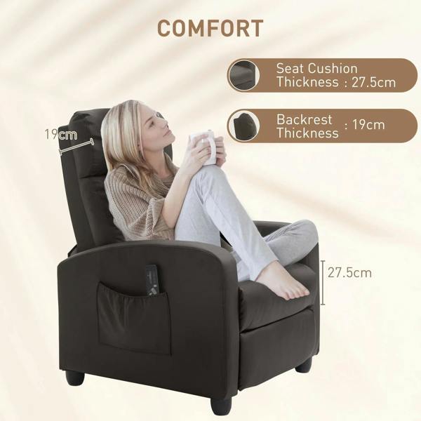 Brown recliner armchair with thick seat and backrest padding and side pocket