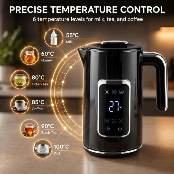 Electric Kettle, 1.7L Fast Boil 3000W Water Kettle with LED Display, Adjustable Temperature, Keep Warm Function, Black